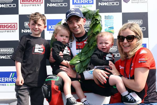 Glenn Irwin celebrates his record-breaking North West 200 win with partner Laura and kids Freddie, Gia & Phoebe