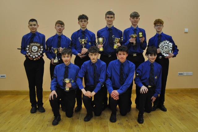 Company section cup winners. From left to right, back row – William Kerr, David McClelland, Christopher Finney, Matthew Johnston, Ross Quinn, Sam Hanna. Front row – Isaac Boreland, Joseph Alexander, Owen Patterson, Harry Quinn.