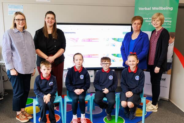 Pic 2. St Mary’s P.S. Pomeroy pupils Cara, Matthew, Liam and Savannah pictured with Andrea Doran, Director Verbal Wellbeing; Jackie McCrystal, St Mary’s P.S. Teacher; Tina Hifney, St Mary’s Principal and Housing Executive Good Relations Officer Anne Marie Convery. Credit: John Stafford