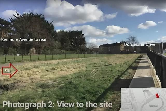 The future MUGA facility, next to the football pitch, is currently a rough patch of land with a running track around it. Credit: ABC Council