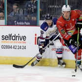 Belfast Giants’ Matt McLeod with Dundee Stars’ Craig Moore. Photo by William Cherry/Presseye