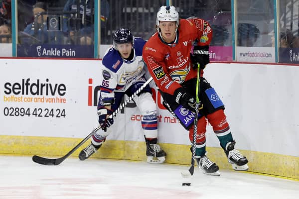 Belfast Giants’ Matt McLeod with Dundee Stars’ Craig Moore. Photo by William Cherry/Presseye