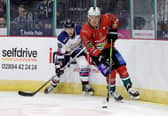 Belfast Giants’ Matt McLeod with Dundee Stars’ Craig Moore. Photo by William Cherry/Presseye