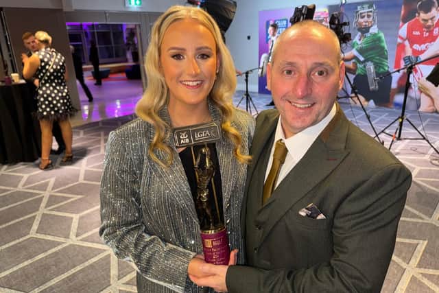 Lurgan native and Clan Eireann club player Niamh Murray, who was part of the ladies team who won Ulster Championships back to back in the last couple of years, was the only Ulster woman on the AIB All Ireland GAA Championship team. Here she is with her father Tony accepting the special award at Croke Park Hotel in Dublin.