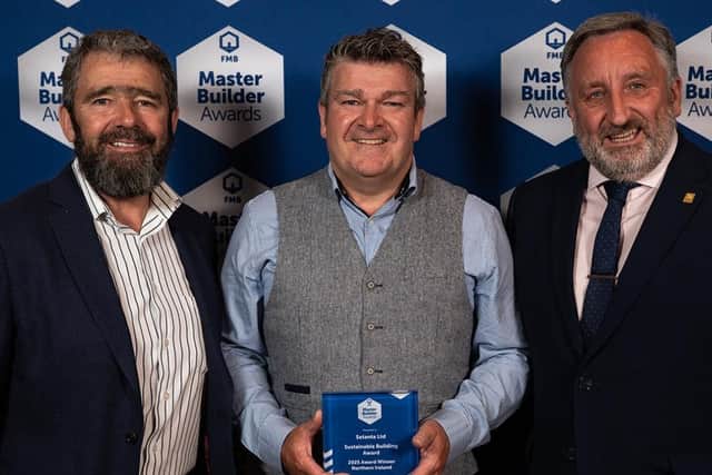 Winners of the Federation of Master Builders Sustainability Award are, from left: joint directors of Setanta Construction, Mark and Niall Gribbin with Eddie Weir, Eddie Weir PCIAT PPCIAT, Chartered Institute of Architectural Technologists. Picture: released by Setanta Construction.