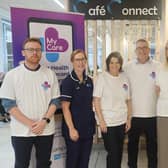 Stephen Rose (Digital Safety Officer), Angela Reed (Chief Nursing & Midwifery Lead), Lyn Preece (Director), Darren Henderson (Asst. Director Information Technology), Joan Smith (Service User) & Kathryn McGarrigle (Senior Professional Digital Safety Officer) at the launch of the My Care app. Pic credit: SEHSCT
