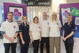 Stephen Rose (Digital Safety Officer), Angela Reed (Chief Nursing & Midwifery Lead), Lyn Preece (Director), Darren Henderson (Asst. Director Information Technology), Joan Smith (Service User) & Kathryn McGarrigle (Senior Professional Digital Safety Officer) at the launch of the My Care app. Pic credit: SEHSCT