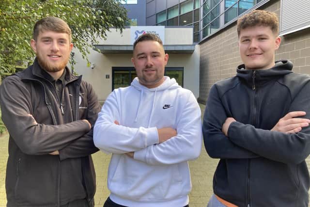 Three Level 3 Fire & Security Systems apprentices at South Eastern Regional College (SERC) are preparing to compete at the prestigious WorldSkills UK Finals in Greater Manchester between 14-17 November 2023.  (L - R) Jack Matthews 22, (Belfast) employed by SIA; Matthew Blair 24, (Ballinderry) employed by Building Protection Systems (BPS); and Jamie Rusk 19, (Lurgan), employed by Digital Fire & Security (DFS). Pic credit: SERC