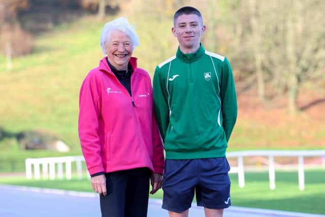 Cross Country and 5,000m runner Callum Morgan pictured with Lady Mary Peters. Photo submitted by Mary Peters Trust