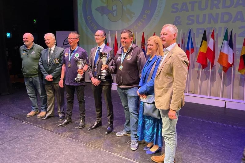 Members of Lurgan Coarse Angling Club on stage being awarded the cup after winning the World Feeder Clubs Championships on Muckno, Castleblayney, Co Monaghan at the weekend.