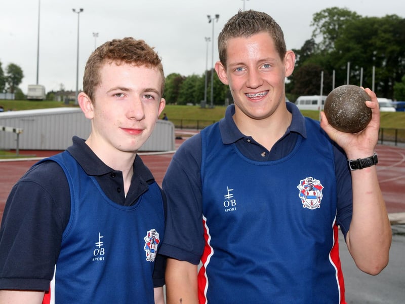 Daniel Finlay (relay) and Matthew McMurray (shot put), of Ballymena Academy, who took part in the NEBSSA finals held in the Antrim Forum in 2007. AT21-453AC