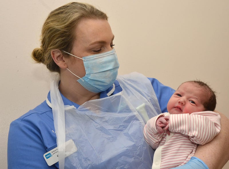 Stacy Rooney from Lisburn had a baby girl at 03.04am on Christmas day, pictured with midwife Grainne Holland at the Royal Victoria Hospital in Belfast.