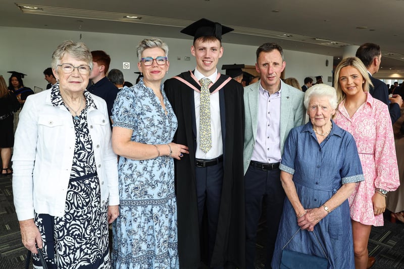 Andrew Gordon who graduated with BEng Civil Engineering with diploma in Professional Practice pictured with his family Ida Steele, Lyn Gordon, Mervyn Gordon, Pearl Gordon and Eva Gordon at the Ulster University Class of 2025 Graduation at the ICC, Belfast.