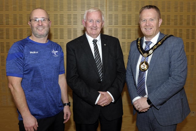 Lord Mayor, Cllr Paul Greenfield pictured with Clan Na Gael secretary Paul O'Hagan and Clan Na Gael stalwart Jimmy Smyth at the reception in Craigavon Civic Centre for Clan Na Gael Junior and Minor teams to celebrate their successes.