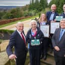 Celebrating Moira Girl Guides and Eight South, Carryduff’s Wins of Special Awards at Translink Ulster in Bloom 2023 (L-R) Translink Chairman Dr Michael Wardlow; Rosalind Morcombe, and Kerry Campbell, Girl Guides Moira; James Rogers and Mark Rogan, Lisburn and Castlereagh City Council; and Councillor Billy Webb, Vice President, NILGA. Pic credit: Aarom McCracken