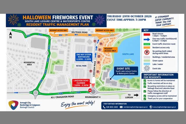 A new traffic management plan is being introduced for this year’s Halloween fireworks at the South Lakes Leisure Centre in Craigavon on Thursday, October 29.