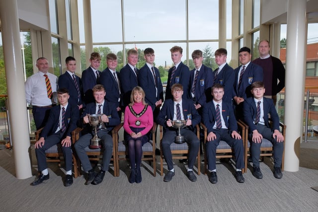 Lord Mayor Alderman Margaret Tinsley with members of the Craigavon Senior High School rugby team at a reception to congratulate them on winning the U16 Danske Bank Ulster High School Trophy and the Ulster High Schools Pollock Cup.. Also included is Mr Damien Campbell, head of rugby and Councillor Alan Mulholland who proposed the reception.