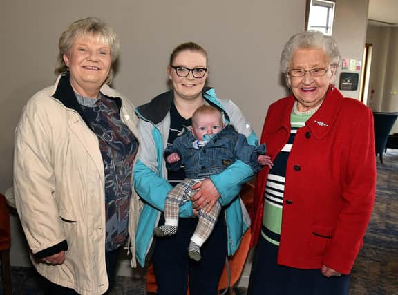 Four generations of the Martin family who visited the Seagoe Hotel on Mother's Day. Included from left are, Emma Black, Caroline Scott, Ethan Scott (four months) and Mary Martin, great grandmother. PT12-237,