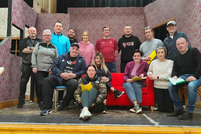 The cast of 'Mrs Browne the Nosey Neighbour' which takes place this weekend at the Marina Centre in Ballyronan.