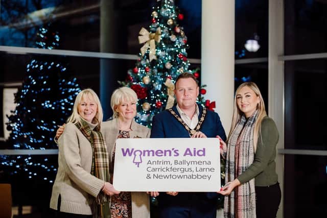 Arlene Creighton and Gillian Creevy from Women's Aid ABCLN)  join the Mayor of Antrim and Newtownabbey Borough Council,  Councillor Mark Cooper and Councillor Leah Smyth. Picture: Antrim and Newtownabbey BC.