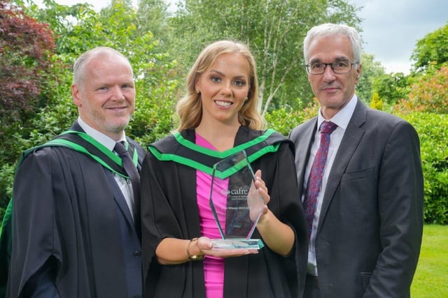 Cathy Reid (Dungannon) graduated from Loughry Campus with a First-Class Honours Degree in Food Business Management. Cathy received the Department of Agriculture, Environment and Rural Affairs Prize awarded to the student achieving the highest marks in the final year of the course from Norman Fulton (Head of Food and Farming Group, DAERA) and Fintan McCann (Head of Food Education, Loughry Campus, CAFRE). Credit: DAERA