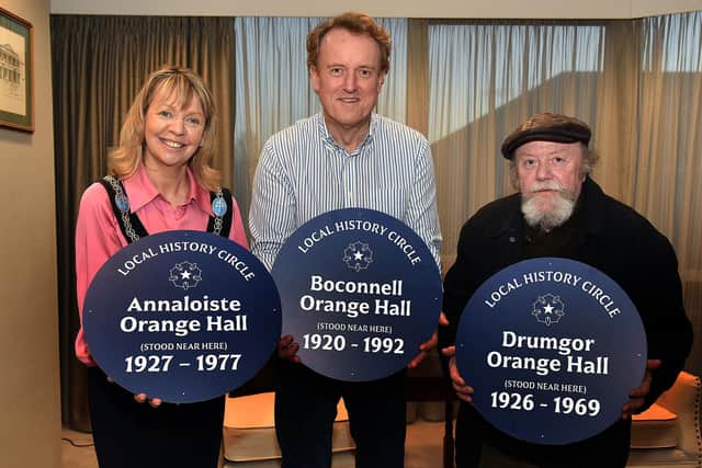 Lord Mayor, Alderman Margaret Tinsley along with Colin McCusker and Jimmy Conway with some of the new blue plaques. Picture: Tony Hendron