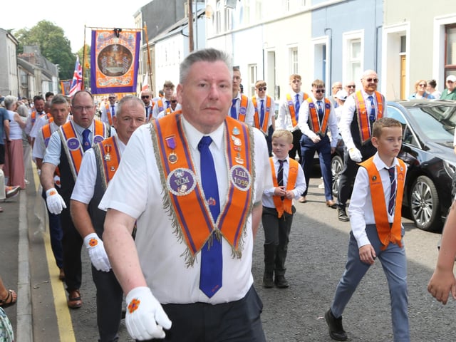 Ballymoney, Rasharkin, Cloughmills, Bushmills and Ballycastle were in attendance at the Twelfth demonstration in Ballymoney with a total of 43 Lodges and 22 bands.