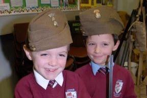 Ian McGookin and Samuel Wilson pictured during a War Years Remembered talk at Upper Ballyboley Primary School in 2007.