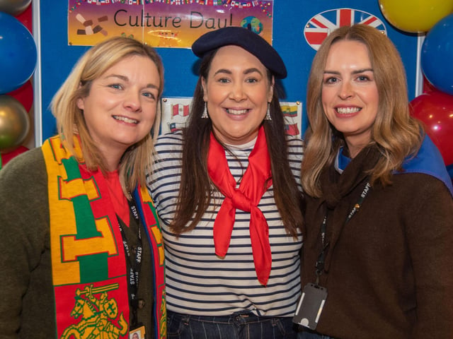 Teachers, Louise McNally, P5, Suzanne Clarke, P6, and Laura Flavelle P3 who enjoyed the international food at the coffee morning.