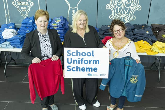 Mayor of Mid and East Antrim, Ald Gerardine Mulvenna with Jackie Patton, Head of Community Planning and Development for MEABC and Michele Campbell, Operations Director for Mid and East Antrim Community Advice Services. (Colm McCann/Mid and East Antrim Council).