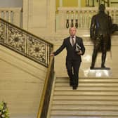 Traditional Unionist Voice leader Jim Allister  pictured in the Great Hall in Stormont - where the party claims he is being kept off the Windsor Framework Democratic Scrutiny Committee. Picture By: Arthur Allison/Pacemaker Press.