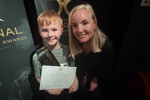 Joseph Mulholland, aged 10, who won top awards at the National Performance Awards in Belfast. He is pictured with West End star Kerry Ellis.