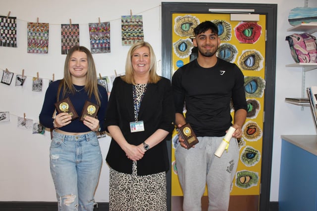Katie, Ms Clarke and Samir at the St Patrick's Academy prize day