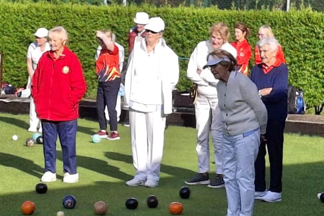 Newcastle Ladies with Dot McCoy and Iris Anderson awaiting the oncoming bowl during the home match against Newcastle