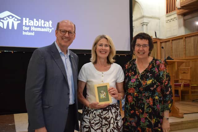 Jenny Hickland is presented with her ReStore Gold award. L-R: Jonathan Reckford, Habitat for Humanity International CEO, Jenny Hickland & Jenny Williams, Habitat Ireland, Chief Executive. Pic credit: Habitat for Humanity