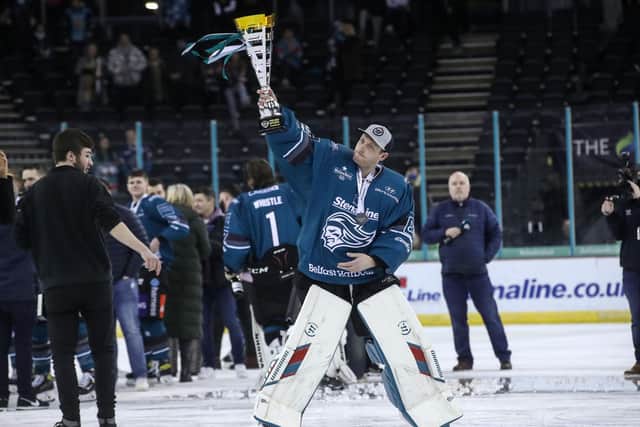 Belfast Giants’ Andrew Dickson celebrates winning the Challenge Cup. Photo by William Cherry/Presseye