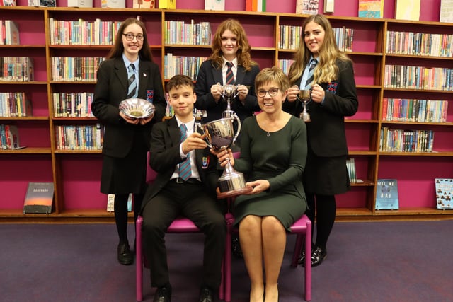 Home Economics Awards at Tandragee Junior High School. Back L/R Bethany Best, Eva Carroll and Kaitlyn Parks. Front L/R Theo Milligan and Mrs J Hall