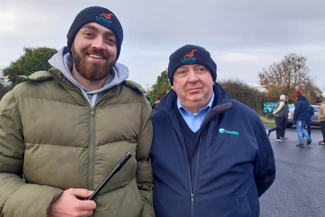 Pearse Whitehouse and Raymond Murray from Unite on the picket line with workers at Translink who went on strike on Friday over a zero percent pay offer by management. The transport system including trains and buses was brought to a standstill.