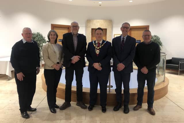 Gareth and Gerard Harman attended afternoon tea with Mayor of Antrim and Newtownabbey, Cllr Mark Cooper BEM, alongside Ald John Smyth, Cllr Roisin Lynch and Cllr Paul Dunlop BEM. (Pic: Antrim and Newtownabbey Borough Council).