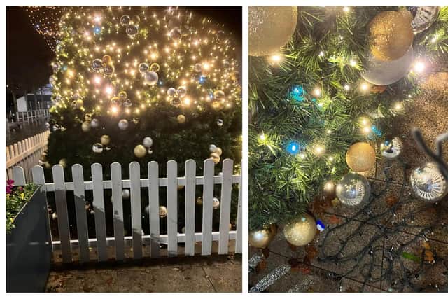 Police in Larne are investigating a report of criminal damage to the town's Christmas tree.  Photos: Cllr Andrew Clarke