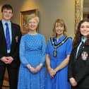 Lord Mayor of Armagh City, Banbridge and Craigavon, Alderman Margaret Tinsley, welcomes Miss Gillian Gibb, principal of Portadown College, John Speers, head boy and Becky Irwin, head girl, to the Mayors Parlour.