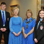 Lord Mayor of Armagh City, Banbridge and Craigavon, Alderman Margaret Tinsley, welcomes Miss Gillian Gibb, principal of Portadown College, John Speers, head boy and Becky Irwin, head girl, to the Mayors Parlour.