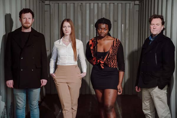 Seamus O’Hara, Louise Parker, Lizzy Akinbami and James Doran who will perform in the new Kabosh production, Silent Trade, written by Rosemary Jenkinson and directed by Paula McFetridge. Photo by Johnny Frazer.