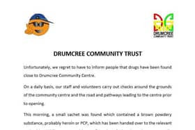 Drumcree Centre in Portadown, Co Armagh issues statement after suspected heroin find.