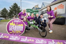Runners from Carryduff Running Club are joined by the Mayor of Lisburn & Castlereagh City Council, Councillor Kurtis Dickson and Chair of Communities and Wellbeing, Councillor Jonathan Craig to launch registrations for the 2025 Vitality Membership Half Marathon, 10K Road Race and Fun Run. Pic credit: LCCC