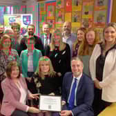 The Education Minister with Mrs Susan Nicholl, principal Heather Lindsay, staff and Parents & Friends Association members. CREDIT: LiamMcArdle.com.