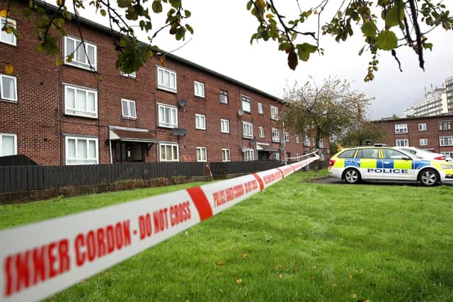 Police at Barna Square in Rathcoole after a murder investigation was launched. Picture: Press Eye.