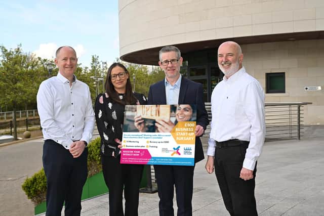 Pictured at the launch of the Self-Employment Support Programme from Lisburn Castlereagh Labour Market Partnership are Eamonn Cavlan, Tangible Consulting, Emma Fearon, Lisburn & Castlereagh City Council, Damien McLoughlin, Invest NI and Barney Toal, Innovate NI.