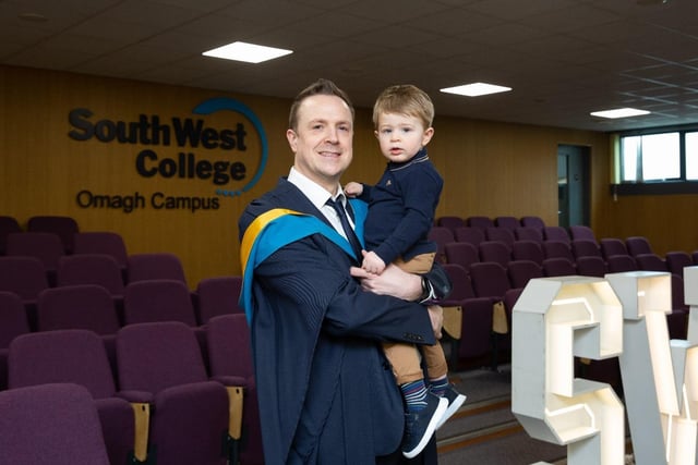 South West College (SWC) graduate and Scholar of the Year Padraig McAlister from Cookstown, with his son celebrating his achievements on the Open University BA (Hons) Visual Media Arts (games) and is currently employed at the Innotech Centre as an International Development Associate.