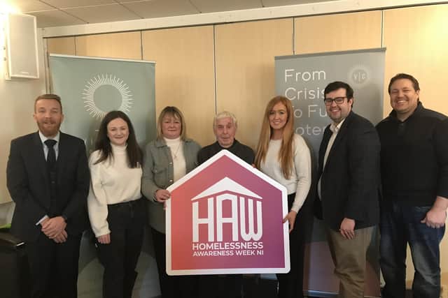 L-R are: Mark Alexander, Housing Executive Causeway Area Manager, Melissa McMullan, Vineyard Compassion Emergency Housing Manager, tenants Linda Joyce, John O’Neill and Hazel McConaghy, Mark Baillie, Homeless Connect Manager, and Ricky Wright, Chief Executive at Vineyard compassion